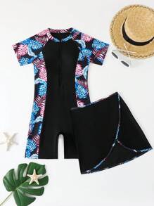 Conjunto de traje de baño de una sola pieza con estampado de plantas tropicales, shorts y falda con cobertura para adolescentes y niñas, ideal para verano y resort