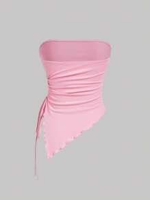 SHEIN MOD Top bustier con pliegues en la cintura atada a los lados, top tubo con estampado retro, top de otoño, top para salir, top de tirantes marrón