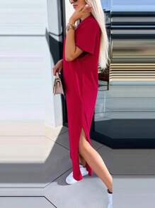 INAWLY Solva Women's Casual Solid Color Side Slit Summer Dress