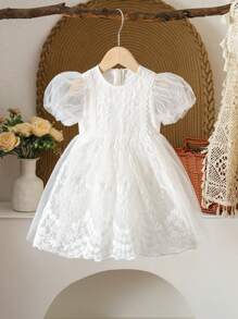 SHEIN Vintaside Kids Baby Girls Infant Elegant Vintage Lace Tulle Puff Sleeve Party Dress Princess Gown Birthday Outfit, Spring/Summer