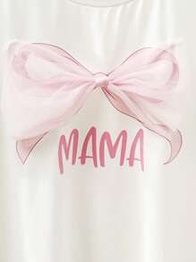 SHEIN Conjunto de camisetas a juego "Mamá y yo", camiseta casual cómoda de mujer con cuello redondo y manga corta, con lazo estampado y lazo de malla, amor madre-hija, regalo del Día de la Madre - Blanco - Ver 4