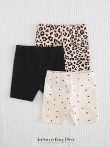 Cozy Pixies Set de 3 piezas de pantalones cortos casuales con cintura elástica, de punto con estampado de leopardo y corazones para bebé niña