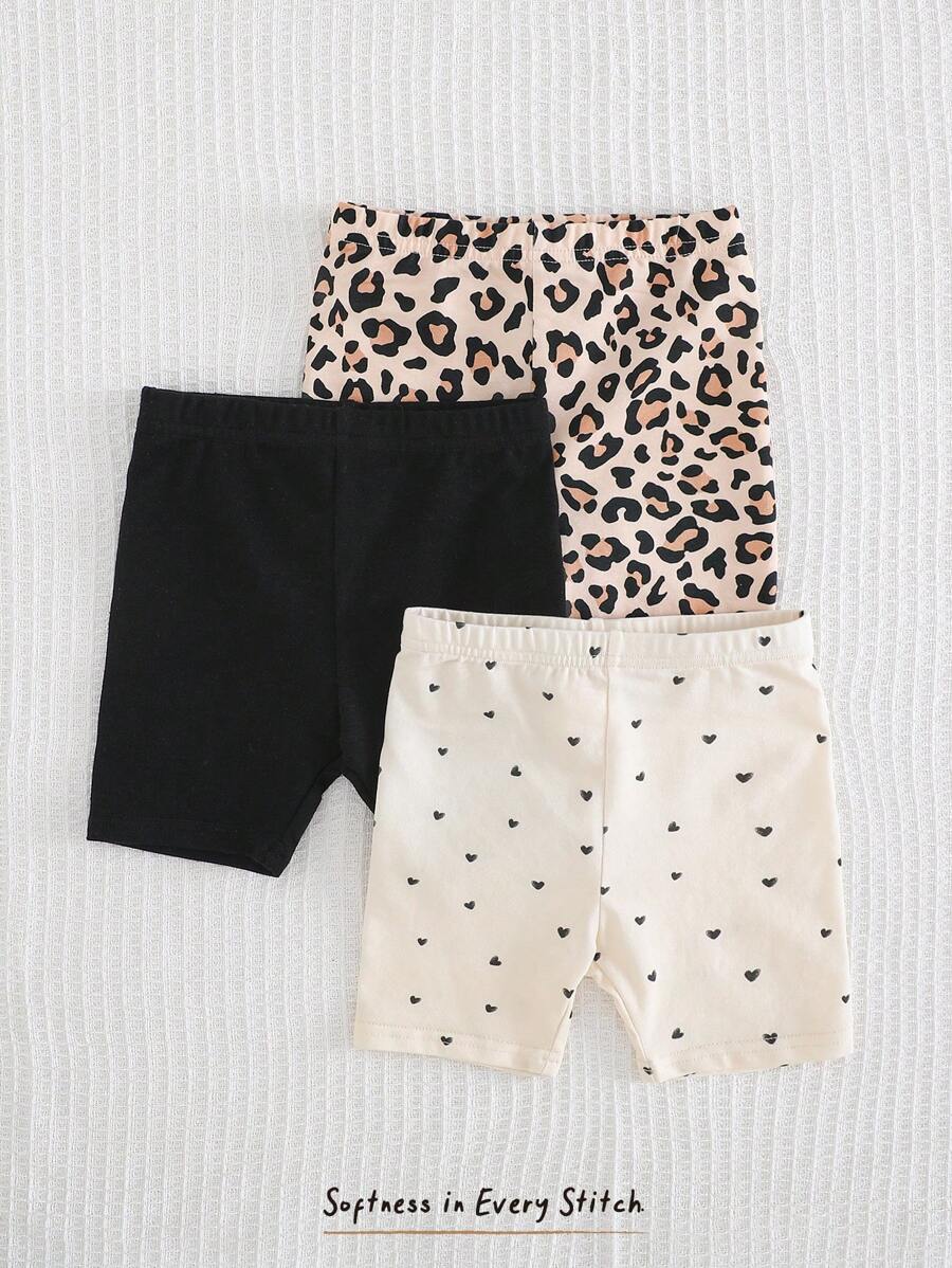 Cozy Pixies Set de 3 piezas de pantalones cortos casuales con cintura elástica, de punto con estampado de leopardo y corazones para bebé niña