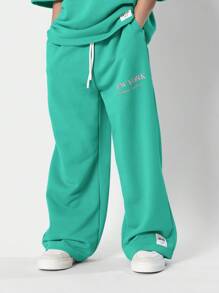 SUMWON Conjunto de ropa deportiva de entrenamiento de otoño, invierno y primavera para preadolescentes con logo de Nueva York, que incluye pantalón de chándal elástico, ropa de calle y ropa interior cómoda - Agua verde azul - Ver 4