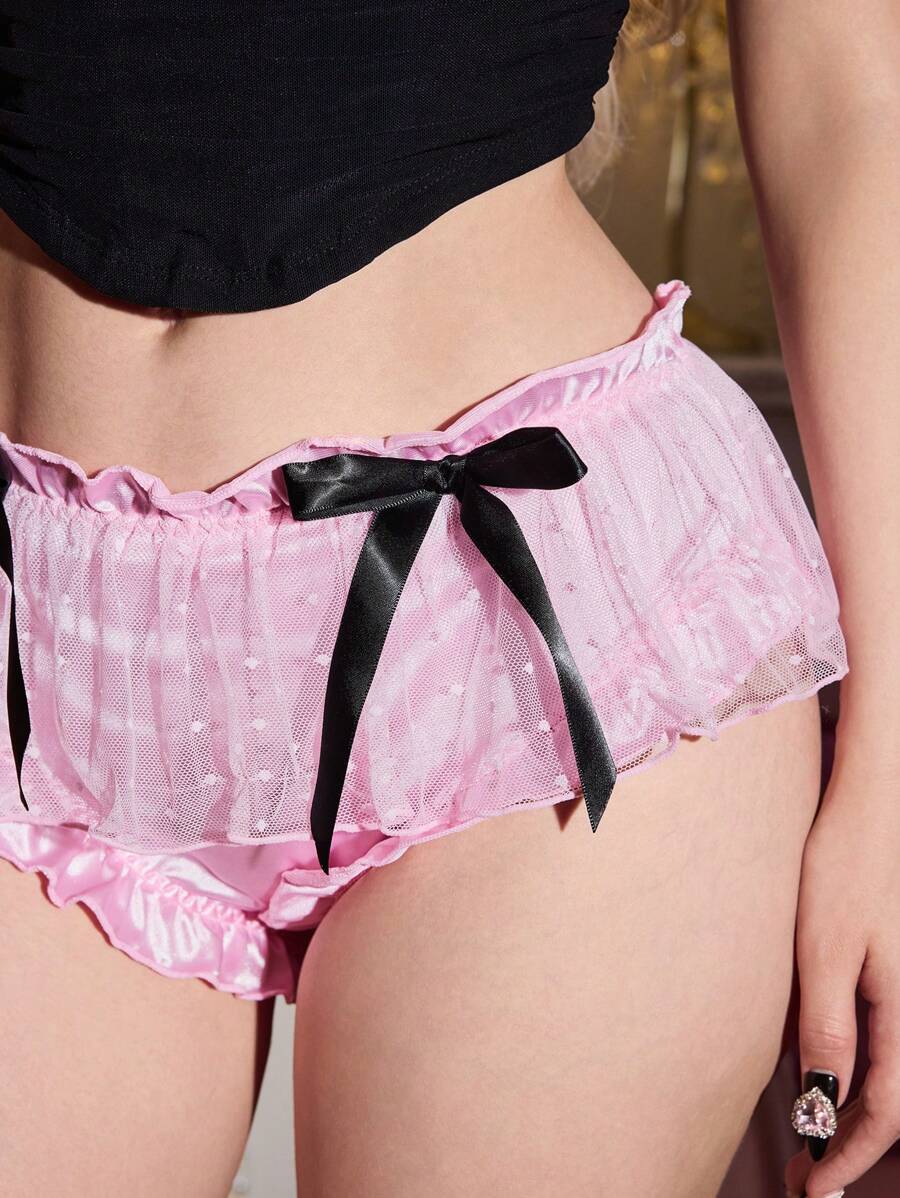 FairyFlirt Women Pink Contrast Color Bow Ruffles Satin & Net Splice Sweet Cute Panties - Pink - View 1