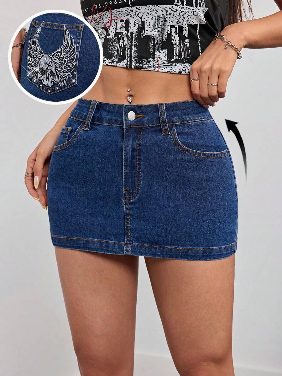 SHEIN PETITE Saia Denim Apertada e Sexy para Mulheres, Cintura Baixa, Mini, Azul - Lavagem Média - Visão 1