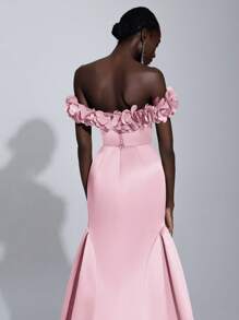 Elitara Elegant Luxurious Off Shoulder Ruched Satin 3D Floral Back Lace-Up Mermaid Hem Dress, Suitable For Wedding, Party, Prom, Banquet (Heavy Embroidery), Formal, Gown, For Evening, Wedding Guest - Baby Pink - View 6