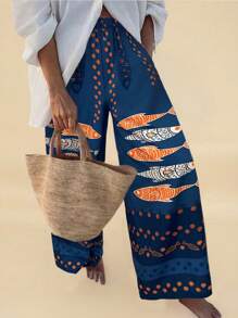 SHEIN VCAY Women Loose Fit High Waist Wide Leg Printed Woven Pants, Suitable For Spring And Summer Holiday - Navy Blue - View 1