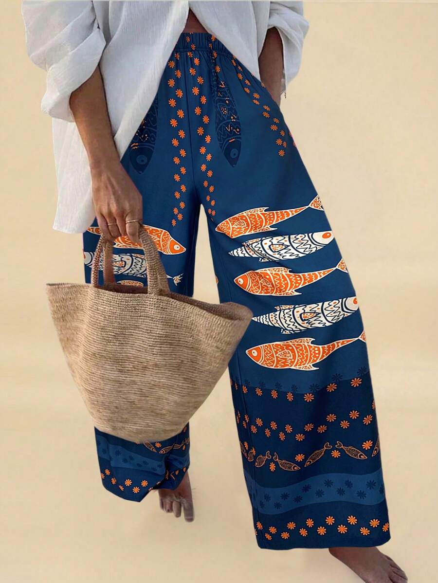 SHEIN VCAY Women Loose Fit High Waist Wide Leg Printed Woven Pants, Suitable For Spring And Summer Holiday - Navy Blue - View 1