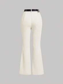SHEIN MOD Beige Color Vintage Style Women's Flared Western Trousers With PU Leather Belt Boho Flare Pants Concert Old Money Style - Beige - View 2