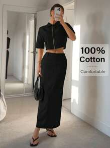 Siren Gaze 2件套女士纯色短袖拉链短款上衣和裙子女士夏装女士夏季套装女士夏装女士加大码商务休闲女士加大码正式纯棉两件套女士两件套裙子女士两件套休闲套装女士拉链两件套衬衫和裙子套装