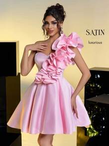 Lovelzi Elegant Pink Satin Ruffles Asymmetrical Neck Princess Dress,Adjustable Straps Wedding Guest Cocktail Bachelorette Party Prom Valentine's Day - Pink - View 9