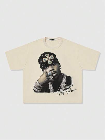 Street Life Men's Street Studded Diamond Character Print Short Sleeve Loose Cropped T-Shirt