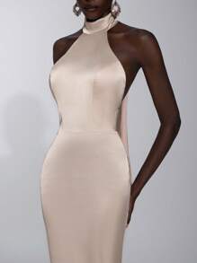Elitara Elegant Light Peach Satin Halter Backless Maxi Dress,Pearl Chain Chic Fitted Mermaid Tail Gown For Wedding Guest,Formal Evening Gala & Parties - Apricot - View 7