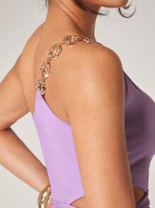 Silquee Women's Purple One-Shoulder Hollow Waist, Metal Chain Decoration, Slim And Elegant Dress, Graduation Dress, Graduation Dresses For Womensummer Outfits - Purple - View 6