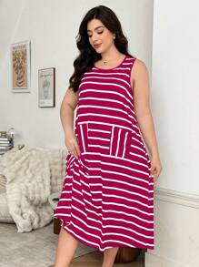 Striped Print Casual Long Nightgown/Sleepwear - Hot Pink - View 4