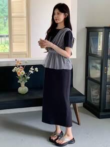 DAZY Gaun Midi Lengan Pendek Bermotif untuk Wanita, Musim Semi/Panas - Navy Blue - View 4