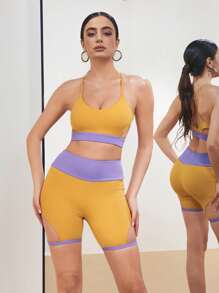 Menodora SHEIN Sport Contrasting Color Hollow-Out Elastic Waist Summer Fitted Sports Shorts Polewear Booty Short - Yellow - View 6