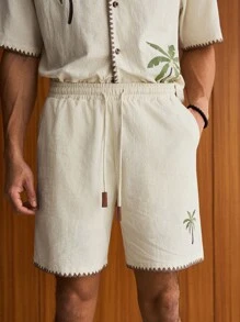 SWAVVY 2pcs/Set Men's Fashionable Casual Daily Woven Loose Fit Short Sleeve Shirt And Drawstring Waist Straight Leg Shorts Set