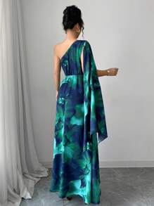 SHEIN PETITE Random Floral Print Wrapped One Shoulder Ruffle Belted Twist Flattering Maxi Dress, Fashionable Resort Style Fall Cloth For Women - Green - View 2