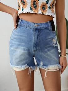 SHEIN Shorts vaqueros de maternidad, shorts azules rasgados de ajuste casual y delgado