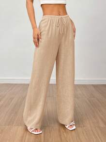 SHEIN PETITE Women's Linen High Waisted Summer Baggy Pants,Cargo Pants - Apricot - View 4