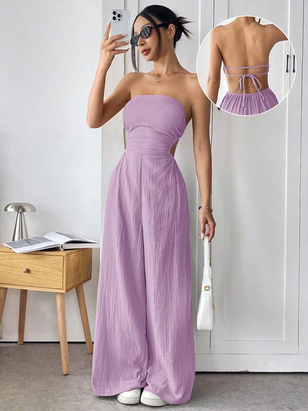SHEIN EZwear Women's Summer Woven Cotton Off-Shoulder Backless Jumpsuit, Casual & Vacation Style