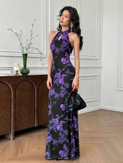 EastFlair Women's Sleeveless Hollow Out Stand Collar Elegant Full Print Dress Women Dresses Birthday Women Casual Dress Women Birthday Women Clothes Women Plus Clothing Formal, Bohemian Clothes, Bodycon Dress/Summer/Wedding Guest Dress/Party/Chinese Style Dress Qipao Dress Asian Dress/Flower