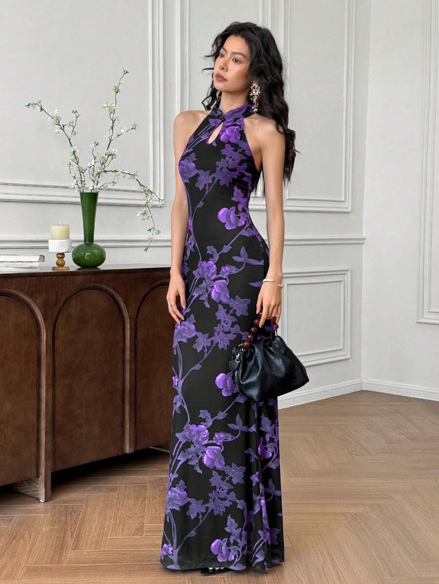 EastFlair Women's Sleeveless Hollow Out Stand Collar Elegant Full Print Dress Women Dresses Birthday Women Casual Dress Women Birthday Women Clothes Women Plus Clothing Formal, Bohemian Clothes, Bodycon Dress/Summer/Wedding Guest Dress/Party/Chinese Style Dress Qipao Dress Asian Dress/Flower - Multicolor - View 1