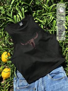 Attitoon Casual Minimalist Western Style Cactus Graphic Round Neck Fitted Women Cotton Cami Tank Top, Suitable For Summer, Retro - Black - View 1