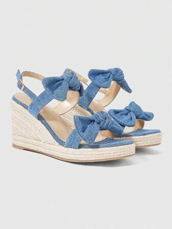 Kawaii Sandalias de plataforma con lazo de adorno de denim azul y punta abierta