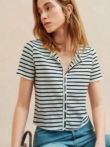 Écloséra 优雅法式复古圆领短袖黑白条纹罗纹门襟修身春夏女装外出上衣女士T恤