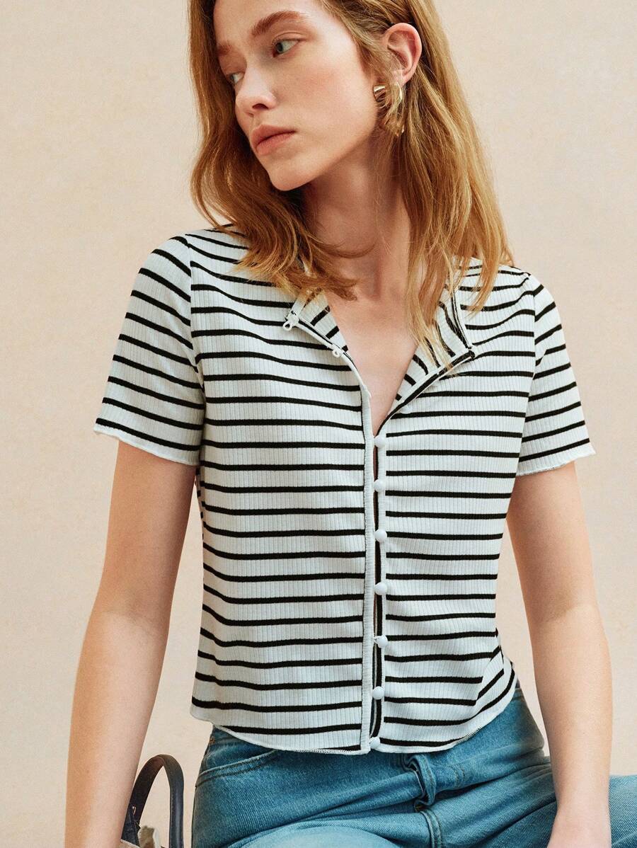 Écloséra 优雅法式复古圆领短袖黑白条纹罗纹门襟修身春夏女装外出上衣女士T恤