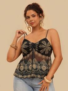 Travachic Maiou de plajă sexy cu imprimeu floral, model tropical, negru, tricotat, cu șnur frontal, pentru femei, mărime plus - Negru - Vizualizare 5