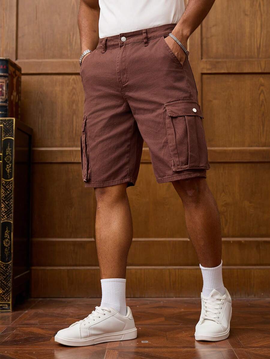Manfinity Homme 男式宽松休闲牛仔工装短裤，带口袋 - 棕色 - 查看 1