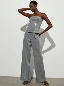 SHEIN Privé Set de 2 piezas de Top recortada con estampado de cuadros blancos y negros y lentejuelas para mujer