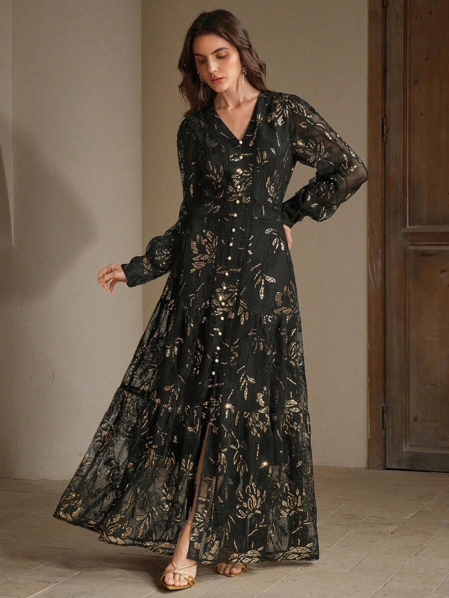 Anewsta Elaire Elegant Sequin Texture Vacation Casual Dress With V-Neck And Long Sleeves - Black - View 1