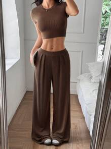 SHEIN Unity Solid Color Short Sleeved Casual Vacation Two Pieces Set For Women In Spring/Summer - Brown - View 4