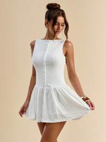 SHEIN BAE Bộ đồ liền thân không tay màu trắng trơn mùa hè dành cho nữ có nút cài và viền loe - trắng - Xem 6