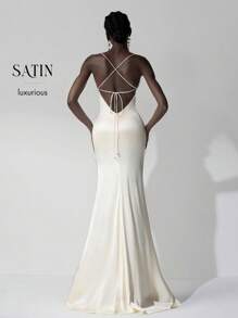 Elitara 优雅亮面缎面吊带裙，简约优雅的分段式修身鱼尾性感露背交叉绑带连衣裙，适合约会、海滩度假、单身生日派对、毕业返校季、婚礼等场合，也可作为百搭晚宴礼服、伴娘礼服、情人节礼服。 - 杏色 - 查看 8