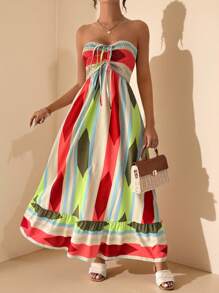 Breezaya 女式夏季几何印花抹胸连衣裙，前系带，超长度假海滩装 - 彩色 - 查看 4