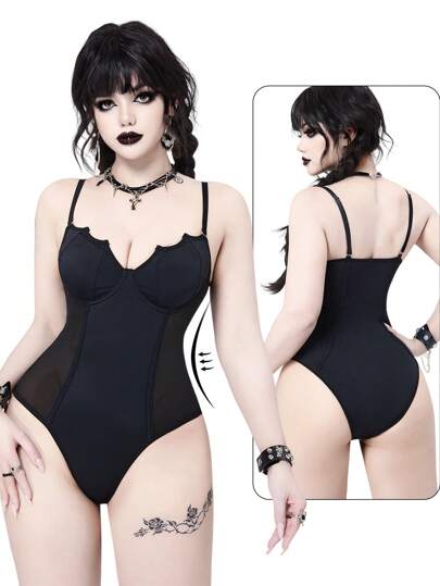 Gothic Bat Design Mesh Tummy Control One-Piece Swimsuit, Black, Suitable For Halloween, Vacation, Beach, Party, Music Festival