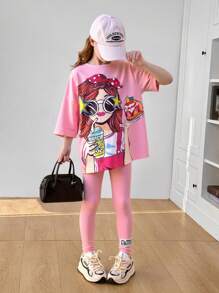SHEIN 少女肖像印花宽松圆领短袖 T 恤和紧身裤两件套 - 粉色 - 查看 9