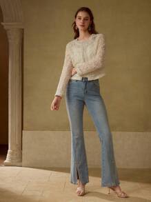 MOTF PREMIUM MESH BEADED FLORAL PATTERN SHEER LIGHTWEIGHT BLAZER - Champagne - View 7