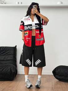 Coolane 女式夏季街头风男友风赛车手休闲图案宽松衬衫 - 紅白色 - 查看 6