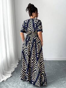 Elenzga Plus Size Women's New V-Neck Floral Print Waist Cinched Flare Maxi Dress, Casual Everyday Wear, Holiday Outfit Women Casual Dress Women Birthday Outfit Women Summer Clothing Work Summer Dresses - Multicolor - View 2