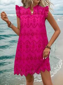 SHEIN LUNE 大码女式白色荷叶边袖不对称下摆连衣裙秋季婚礼宾客连衣裙商务休闲女士工作服商务连衣裙 - 玫紅色 - 查看 1