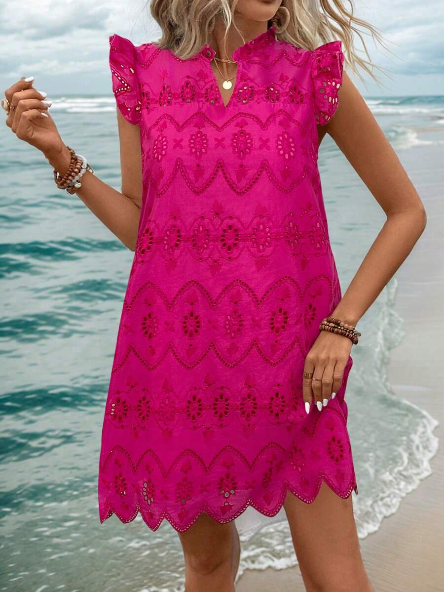 SHEIN LUNE 大码女式白色荷叶边袖不对称下摆连衣裙秋季婚礼宾客连衣裙商务休闲女士工作服商务连衣裙 - 玫紅色 - 查看 1