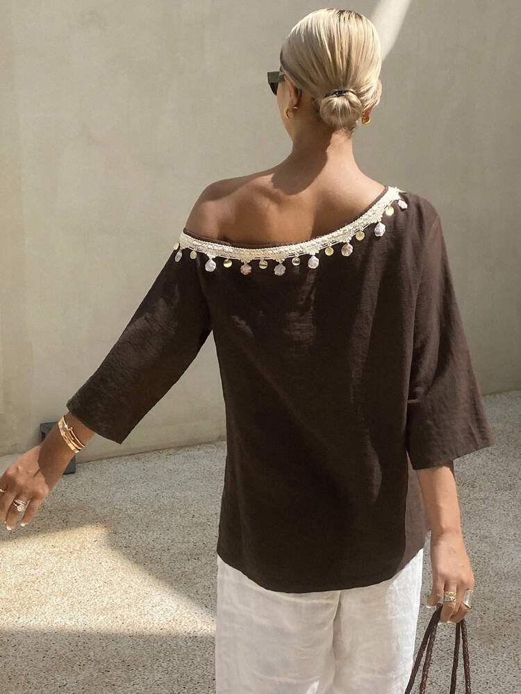 Women's Floral Lace Trim Tassel Loose Off The Shoulder Casual Vacation Summer Top Linen Long Sleeve