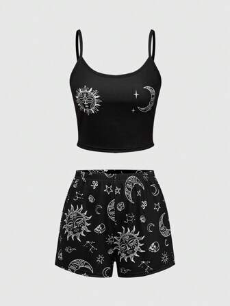 Goth Conjunto de pijama con shorts de tirantes con diseño gótico de sol, luna y estrellas